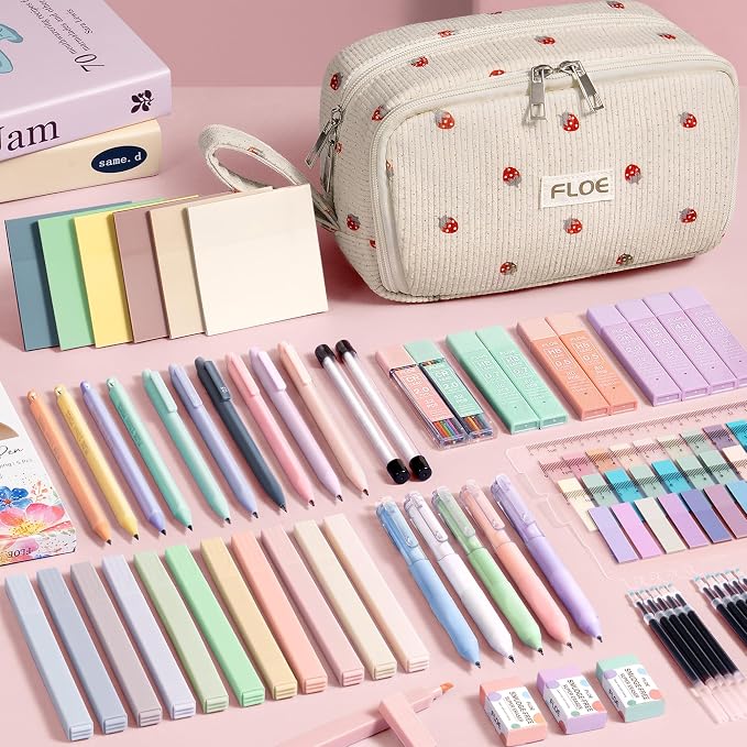 62PCS Aesthetic School Supplies Cute Back to School Supplies Stationary Set | College Preppy Essentials Kit with Large Pencil Pouch Case, Pastel Highlighters Gel Pens Mechanical Pencils for Student Girls