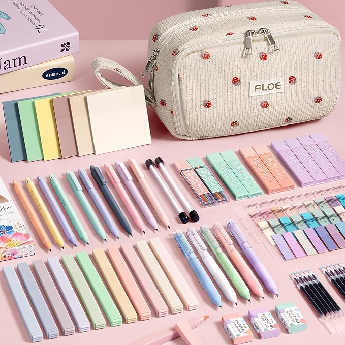62PCS Aesthetic School Supplies Cute Back to School Supplies Stationary Set | College Preppy Essentials Kit with Large Pencil Pouch Case, Pastel Highlighters Gel Pens Mechanical Pencils for Student Girls