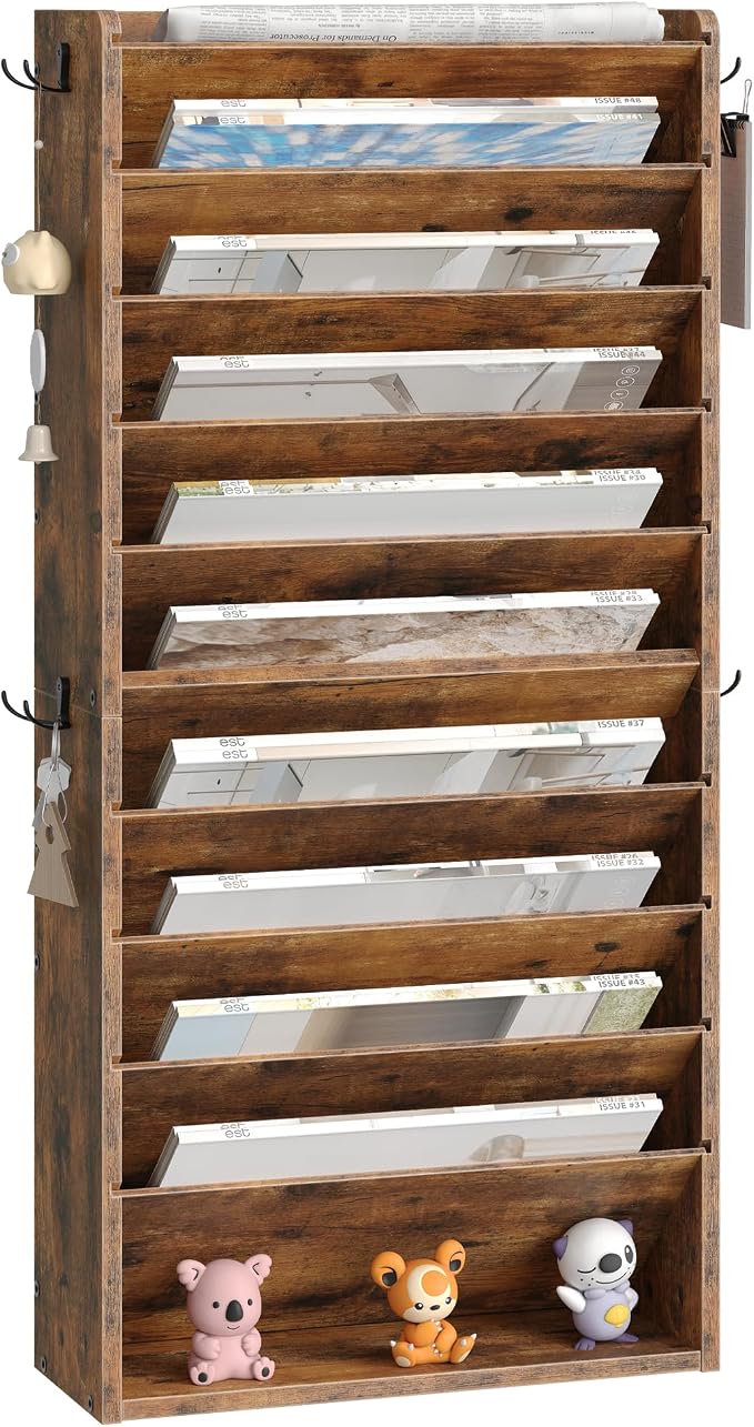 Wall File Organizer, 10-Tier Hanging Mail Organizer, Wall Mount File Holder with 4 Side Hooks, Mail and Storage Organizer, Wooden Vertical Hanging Holder for Office, Rustic Brown MWJ03FG
