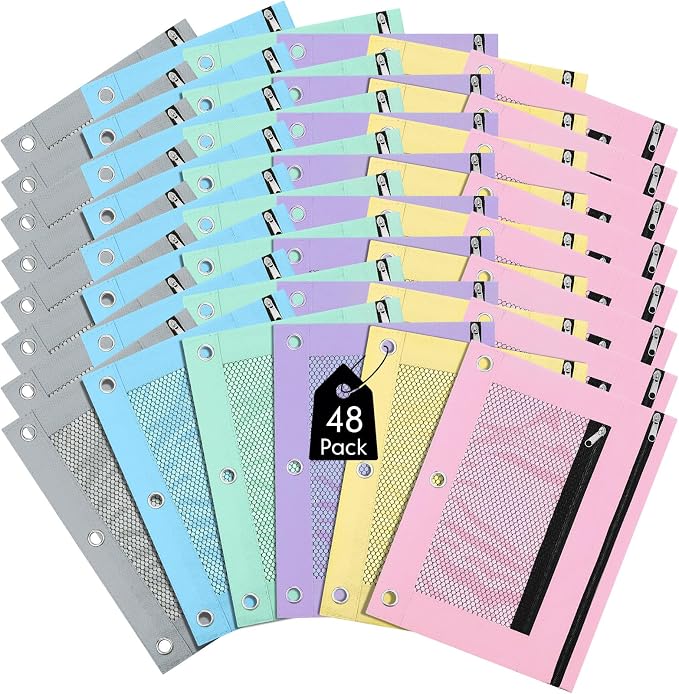 Leelosp 48 Pack Pencil Pouch for 3 Ring Binder,Cute Color | Bulk Mesh Zipper Binder Pouches Pencil Boxes for Classroom Pencils Case Bags for Storing School Students Teacher Supplies