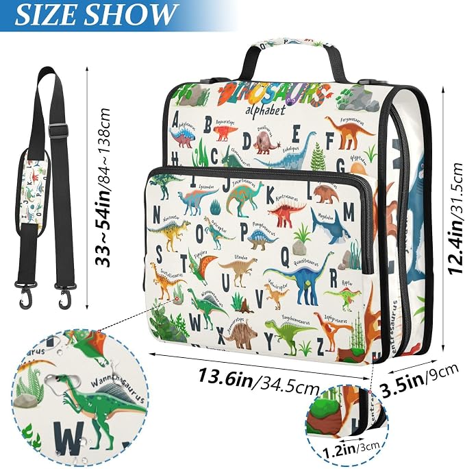 Personalized Dinosaur Alphabet 3 D-Ring Binder Bag Zipper Organizer | Multi-Pocket with Handle and Detachable Shoulder Strap Holds 500 Sheets for School Office Supplies