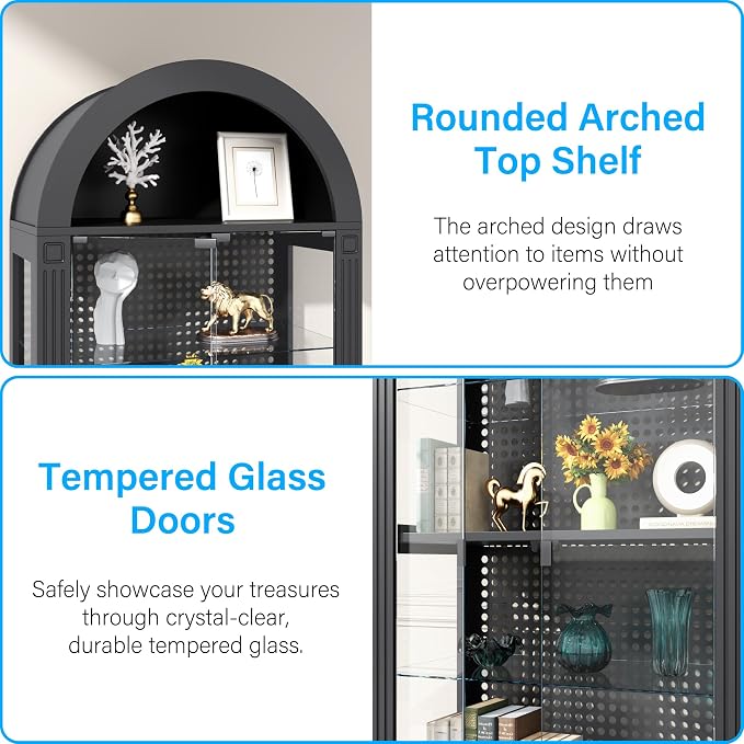kepptory 71" Arched Display Cabinet with Glass Doors and LED, 5-Tier Curio Cabinet with Roman Line Design and Pegboard, Glass Display Case China Cabinet for Collectibles, Black