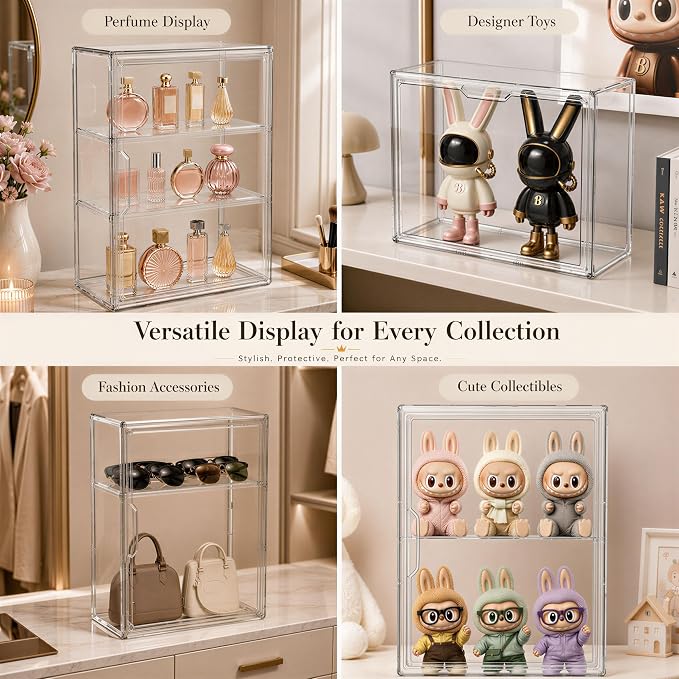 Attelite Acrylic Display Cases for Collectibles 2 Pack Wall-Mounted Desktop | Clear Showcase for Figures, 2 Adjustable Dividers, 3 Layer Acrylic Box, Tool-free Assembly, Magnetic Door, Stackable