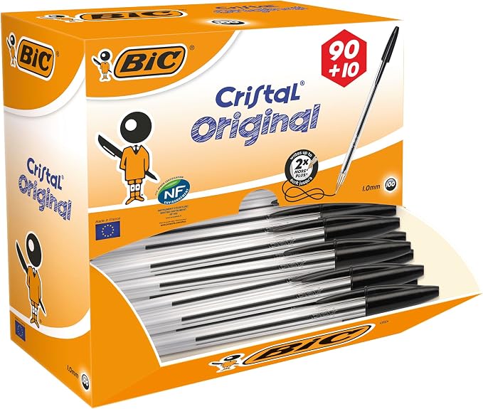 BIC Cristal Original Ballpoint Pens, Every-Day Biro Pen, Fine Point (1.0mm), Ideal for School, Black Ink, 100 Count (Pack of 1)