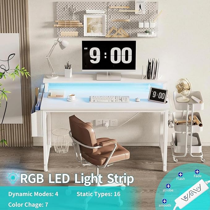 Lufeiya White Computer Desk with LED Lights and Power Outlets, 40 Inch Home Office Desks with Monitor Stand, Teen Writing Study Table Gaming Desk with Charging Station, White