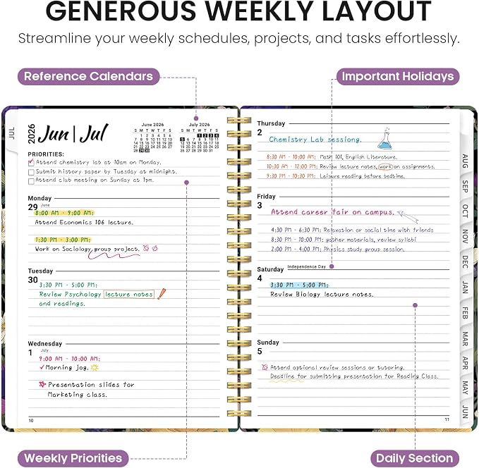 Planner 2026-2027, Monthly & Weekly Jul 2026-Jun 2027 Calendar Book | 6.3" x 8.5", Hardcover Spiral Planner with Tabs, School Pretty Agenda for Women, Students, Teachers, Whispering Petals