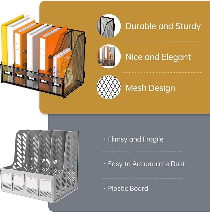 DALTACK 5-Slot Magazine File Holder, Metal Binder Holder, Black | Iron Mesh Construction, Labeled Sections for Easy Sorting, Anti-Slip Feet, Binder and Folder Storage for Office, Classroom