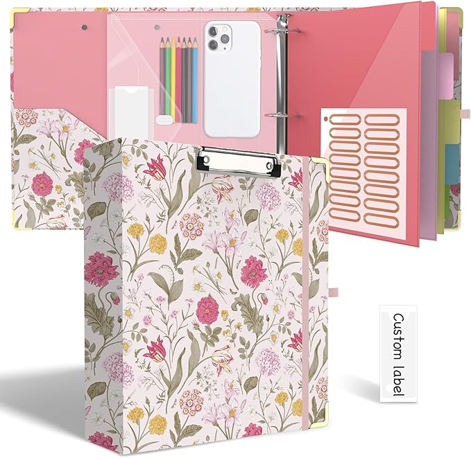 3 Ring Binder 2 Inch for Letter Size 8.5" x 11" Paper, Clipboard Binder with 5 Tabbed Dividers with Pockets, Plastic Folder and 40 Divider Stickers, School and Office Supplies, Pink Flowers