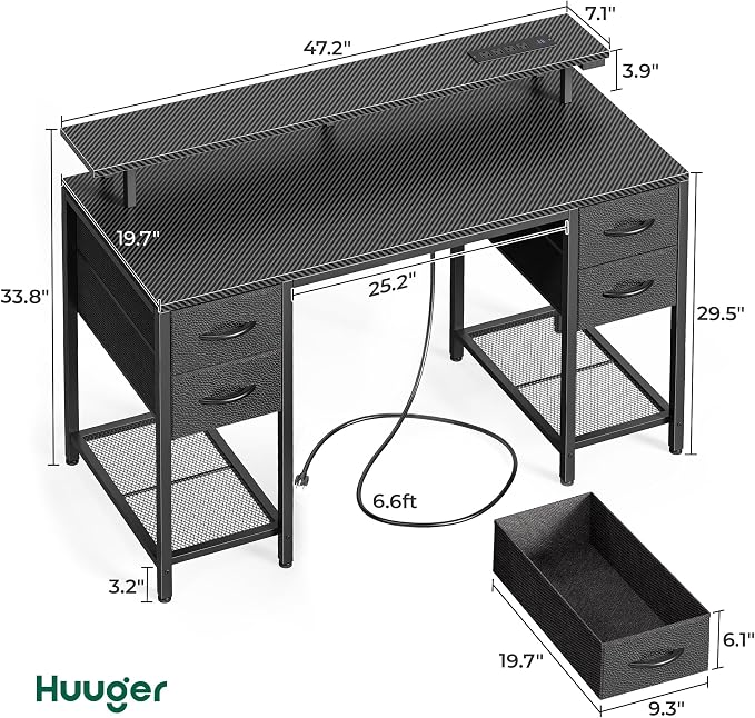 Huuger 47 inch Computer Desk with Power Outlets & 4 Drawers | Gaming Desk with LED Lights, Home Office Desk with Storage Space, Work from Home, Carbon Fibre Black