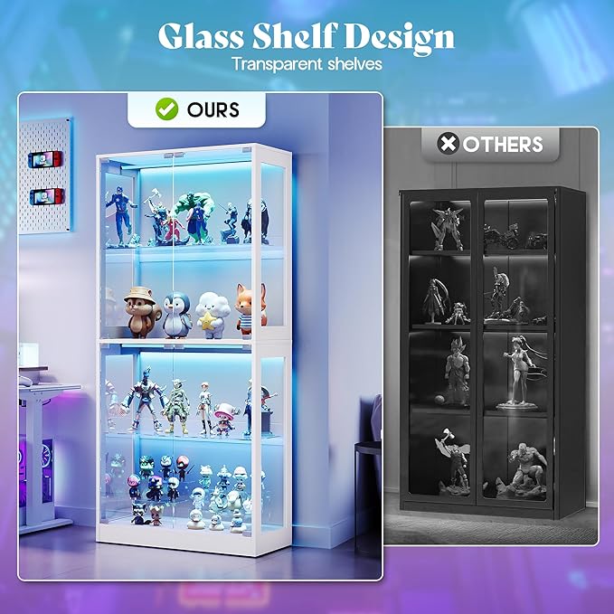 AMERLIFE 32-Inch RGB Display Cabinet with Glass Shelves | 70 H x 32 W x 16 D In, 4-Tier Storage, RGB LED Lights, Press-to-Open Doors, for Collectibles, White