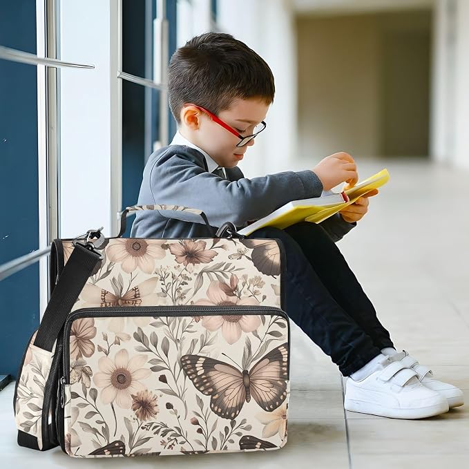 3 D-Ring Zipper Binder Bag, Flower Butterfly Pattern Removable Binder with Zipper Case Hold 700+ Sheets& 13 Inch Laptop for School Office Supplies Organizer