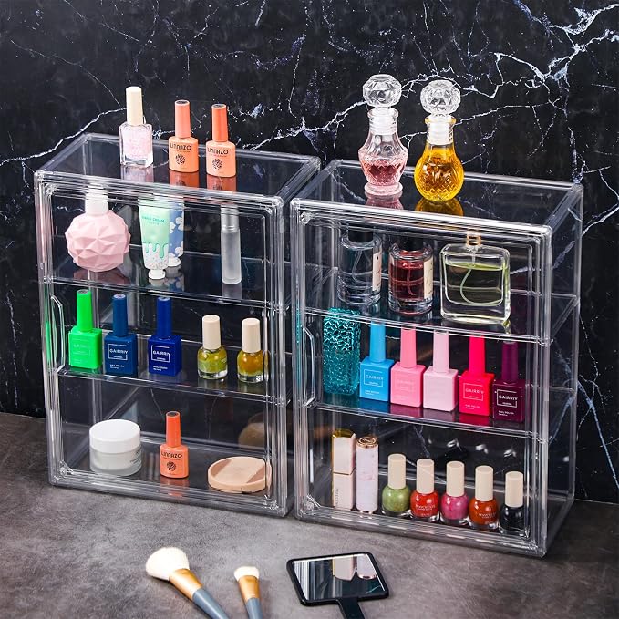 Clear Acrylic Display Case 3 Tier Display Shelf Storage Boxes Cabinet Organizer with Magnetic Door for Figures Toys (6 Pcs，Clear)