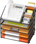 DocNest 5 Tier Metal Mesh Desk File Organizer with Phone Shelf, Black | Desktop letter tray sorter features a 9.1x9.1 inch top phone holder, built-in sticky note compartment and pen holder