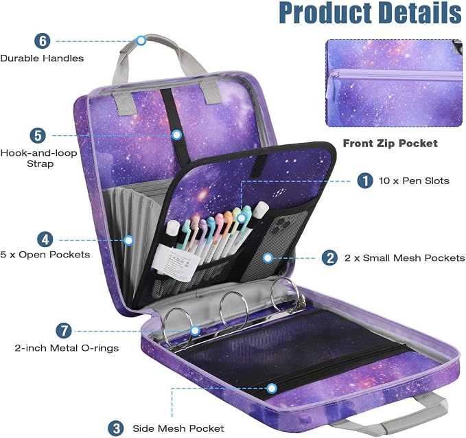 MoKo Zipper Binder, 2 inch 3 Ring Binder with 500 Sheet Capacity Multi-Pocket School Bag with Padded Shoulder Strap Handle, School Supplies Organizer for Middle Student, Star Purple | Water-repellent 900D Oxford fabric with 5 file folders, 3 mesh pocke...