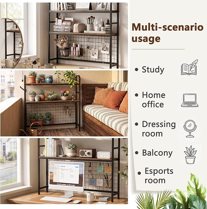 2-Tier Desktop Bookshelf Organizer, Dorm Desk Hutch with DIY Grid | Desktop Bookshelf Organizer With Metal Grid Panel, Desktop Bookshelf Organizer For Dorm, Office Or Home, Rustic Brown