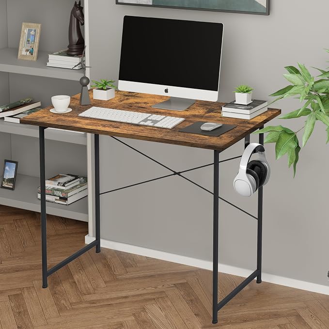 Small Space Writing Desk with Headphone Hooks, Modern Simple Design, Suitable for Study, Home Office and Living Room