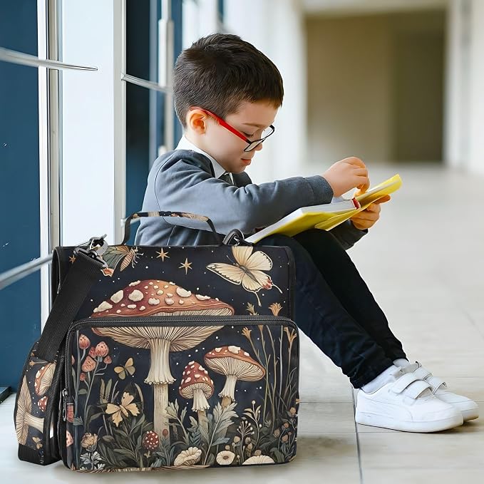 3 Ring Zipper Binder with Shoulder Strap Mushrooms Flowers Butterflies (2) 1.5 inch Binders Keeper Large Capacity Multi Pockets for School Office Supplies