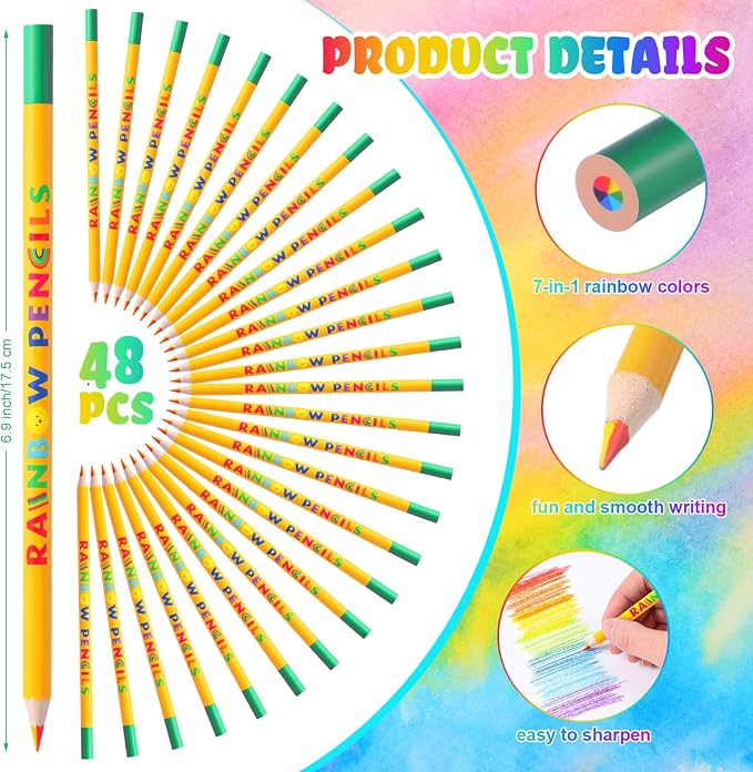 Nezyo 48 Pack Rainbow Colored Pencils Bulk-7 Color in 1 Wooden Rainbow Pencils Colored Pencil Art Supplies for Adults Drawing Coloring Sketching School Classroom Student Reward Gifts Stocking Stuffers