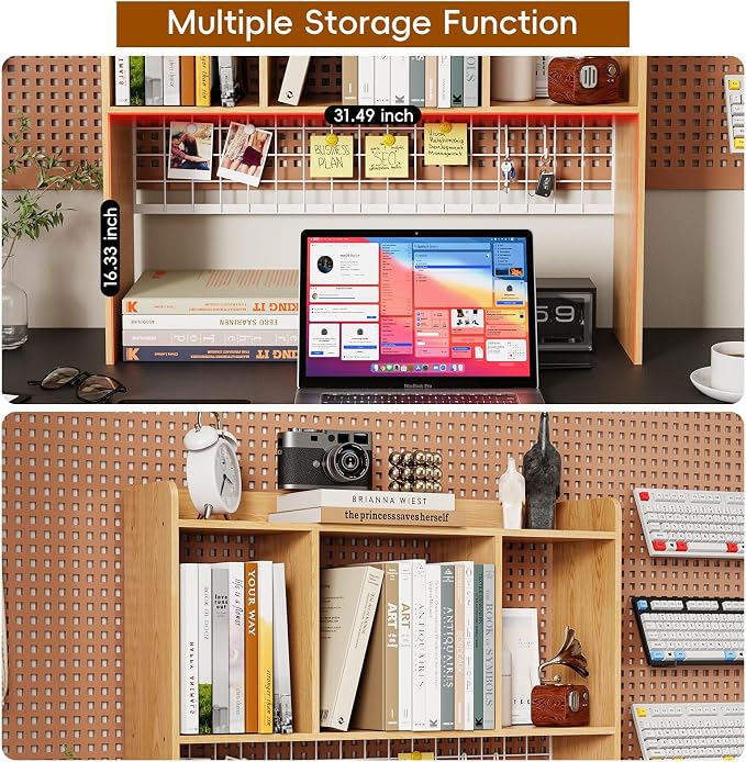 Desktop Bookshelf,Countertop Storage Hutch with 3 Shelves for Computer Desk，2-Tier Display Rack with Grid Panel, Multipurpose Wood Desk Hutch Storage Organizer for Home Office Dorm (Natural)