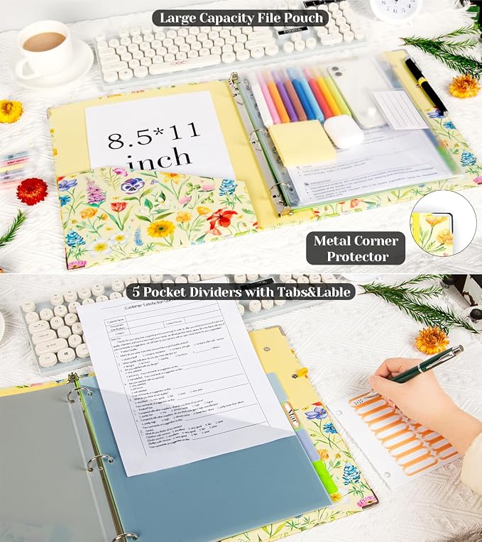 3 Ring Binder 1 Inch, Three Ring Binders Organizer with Clipboard, 5-Tabs Pockets Dividers, Plastic Folder, 18 Divider Stikers, KLLVE Cute Binder with Pen Loop (Garden Party, Letter Size)
