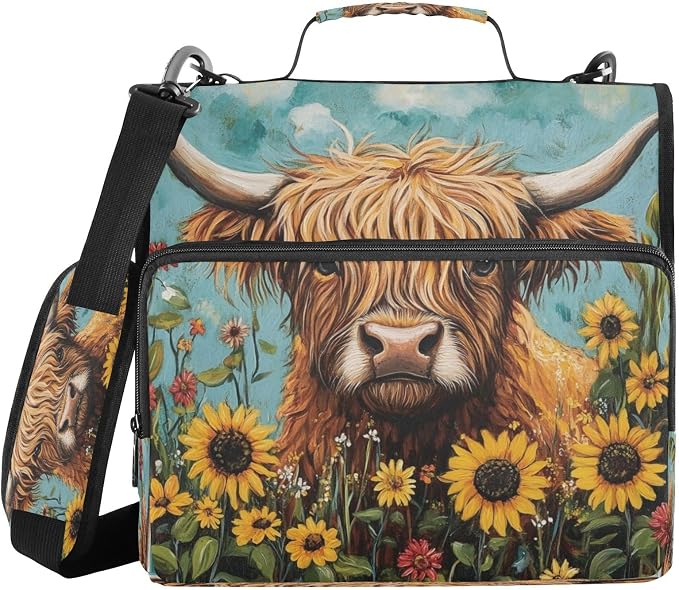 ATTX Sunflowers Highland Cow Zipper Binder with Adjustable Padded Strap - 3 Ring 500 Sheet Capacity Binder Bag with Multi-Pocket Organizer, Fits 12 Inch Laptop