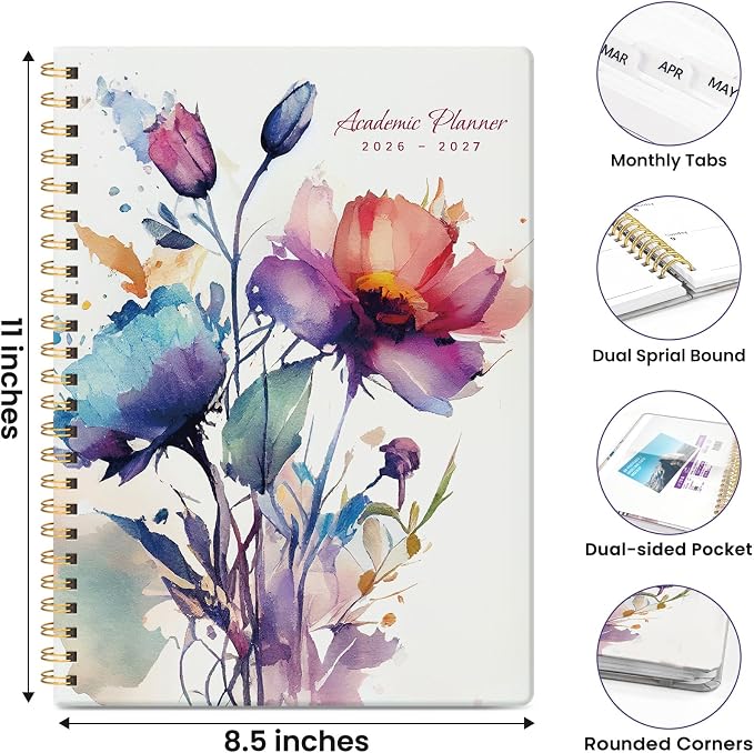 Planner 2026-2027, Academic Year Monthly & Weekly Planner Caledndar, July 2026 - June 2027, Hardcover Large Planning Agenda Book with Tabs for School Office Supplies, 8.5" x 11" - Painted Bloom