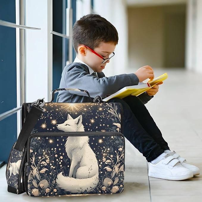 3 Ring Zipper Binder with Shoulder Strap White Mystical Fox Star 2 Inch Zippered Binder Bag 500 Sheet Capacity Multi Pockets for School Supplies