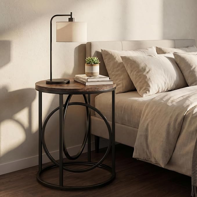 LITTLE TREE 20” Round End Table with Thick Wood Top，Modern Sofa Side Table with Gold O-Shaped Base, Midcentury Accent Table Cocktail Table Nightstand for Living Room Bedroom