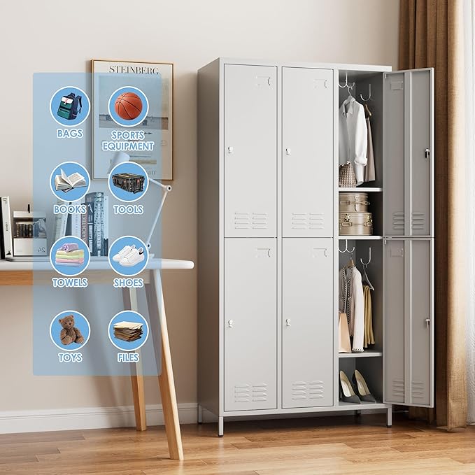 SUPEER 6 Doors Metal Locker Employee with Business Card Holder,Metal Locker for Employees with 18 Hooks for School Garage Office Gym Home,Assembly Required,Light Grey