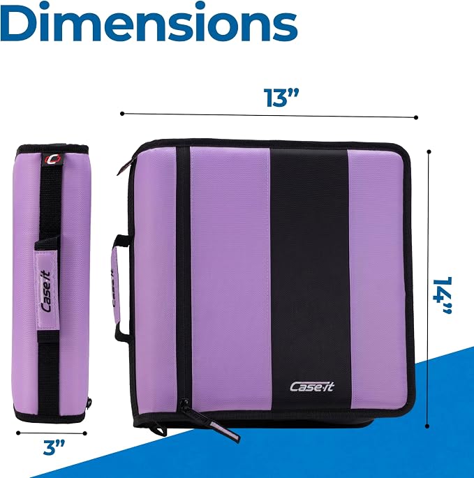 Case-it School Zipper Binder | 2-Inch O-Rings | 350-Sheet | D-251 Lavender | Classic, Multiple Storage Pockets, Shoulder Strap, School & Office Organizer