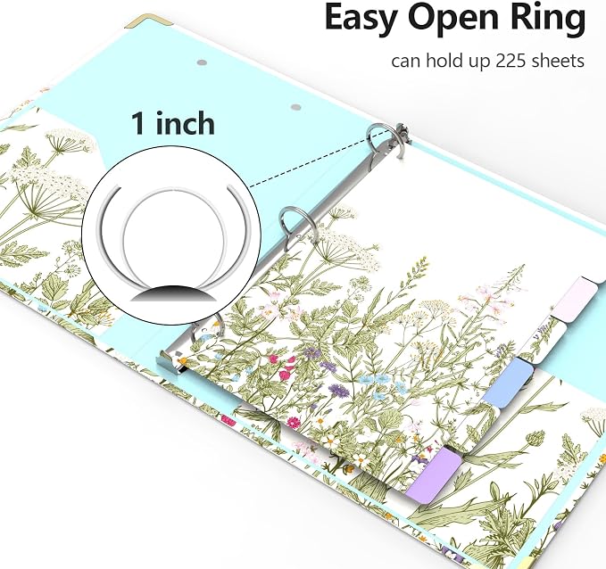 3 Ring Binder 1 Inch Round Ring Binder with 6 Tab Dividers，2 Interior Pockets，Cute Binder Clipboard with Storage, for School Office, Portfolio(Garden Flowers)