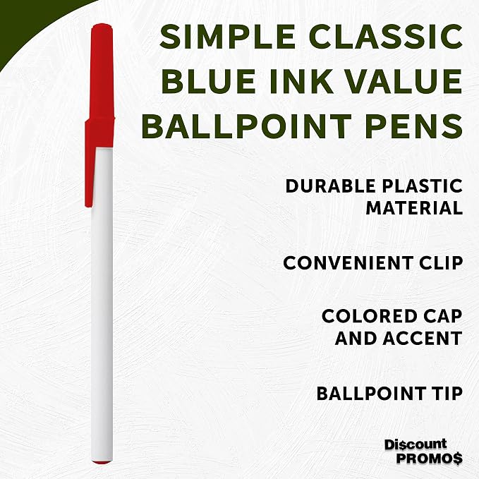 DISCOUNT PROMOS Value Stick Pens Set of 10, Bulk Pack - Blue Ink, Great for Office, School, Business, Tradeshows, Events - Red Cap