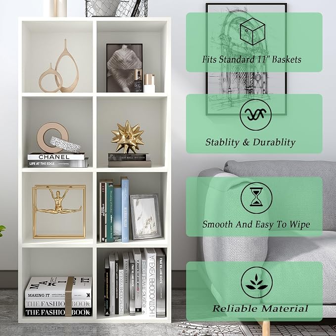 8-Cube Storage Shelf Bookcase, Warm White | Wooden 4-Tier Open Bookshelf, Fits 11×11" Bins, Vertical or Horizontal Use, Full Back Panels, For Home Office