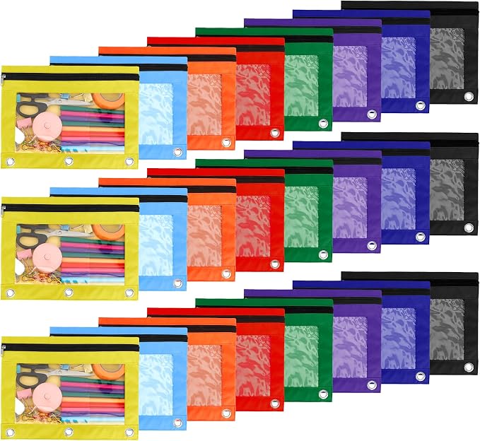 Pencil Pouch for 3 Ring Binder, 24 Pack Pencil Bags with Zipper, Large Capacity Pencil Case for Binder Assorted Color Pencil Case Pouch with Clear Window and Grommets Pencil Pocket for Office Supplies