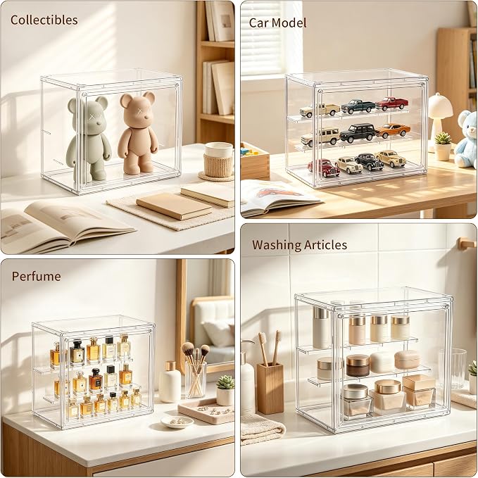 Acrylic Display Case for Collectibles, 3 Tier Figure Display Box 2 Pack | Clear Stackable Display Stand with Magnetic Door, 2 Movable Plates, Small Easy Assembly Showcase for Mini Action Figures
