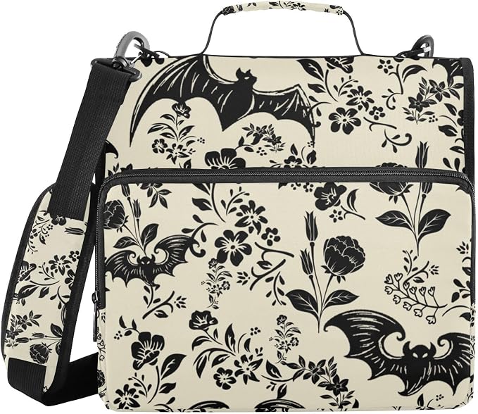 Goth Bat Flowers Binder Bag 3 Ring Zipper with Handle Shoulder Strap | for School Work Office Organizer Storage Case
