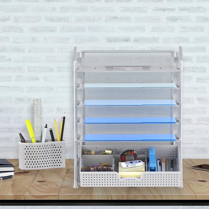 Simple Houseware 6-Tier Desk File Organizer w/Drawer & Pen Holder, Silver | 5 Tilted Letter Trays for A4 Paper, Mail and Documents