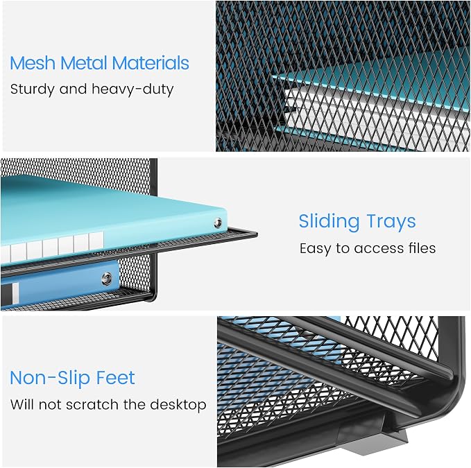 Lavatino Desk Organizer - Metal Mesh with 2 Paper Letter Trays, 7 Flexible Dividers, 2 Vertical File Holders for Office/Home/Classroom Supplies, Desk Organizers and Accessories, Black