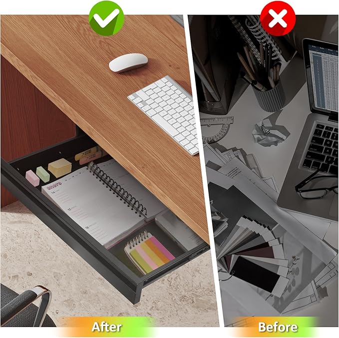 POPMOON 13.8 inch Under Desk Drawer, Steel Pull-Out Storage Organizer | Under Table Drawer with Smooth Slide Rails, Carbon Steel Undermount Drawer, Black Powder Coated, Hold 33 Lbs
