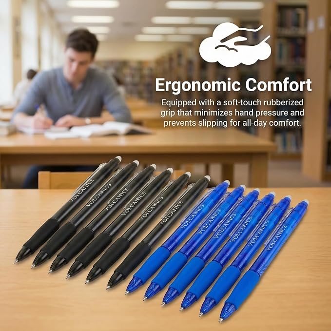 Volcanics Retractable Clicker Erasable Gel Pens - 0.7mm Ball Point, Heat Erase with Built-in Eraser, 36 Pack Blue and Soft Black