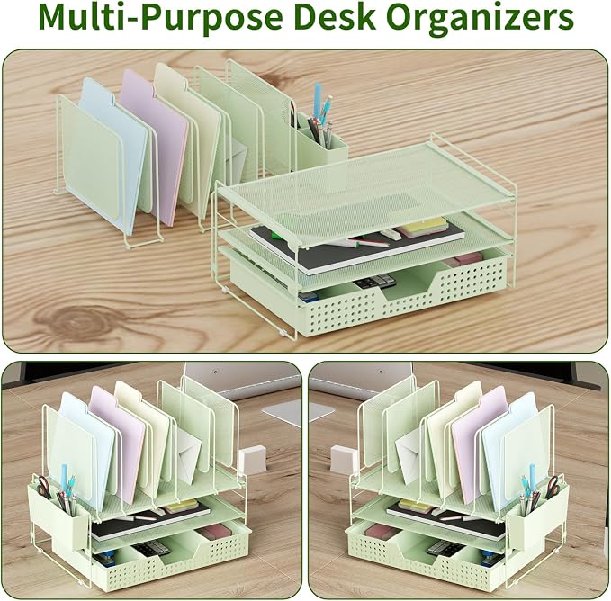 LEKETREE Green Desk Organizer, Office Organization with Vertical File Holder, File Organizer with Drawer and Pen Holder, Desk Accessories and Workspace Organizers for Home Office (Green)