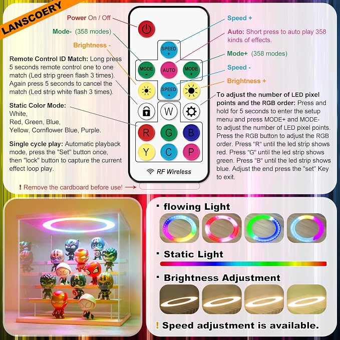 LANSCOERY Acrylic Display Case with RGBW Lights, 5 Tier Wood Finish | 11.8 x 11 x 11.8 in case displays small figures on desks or shelves with tiered rows and front access.