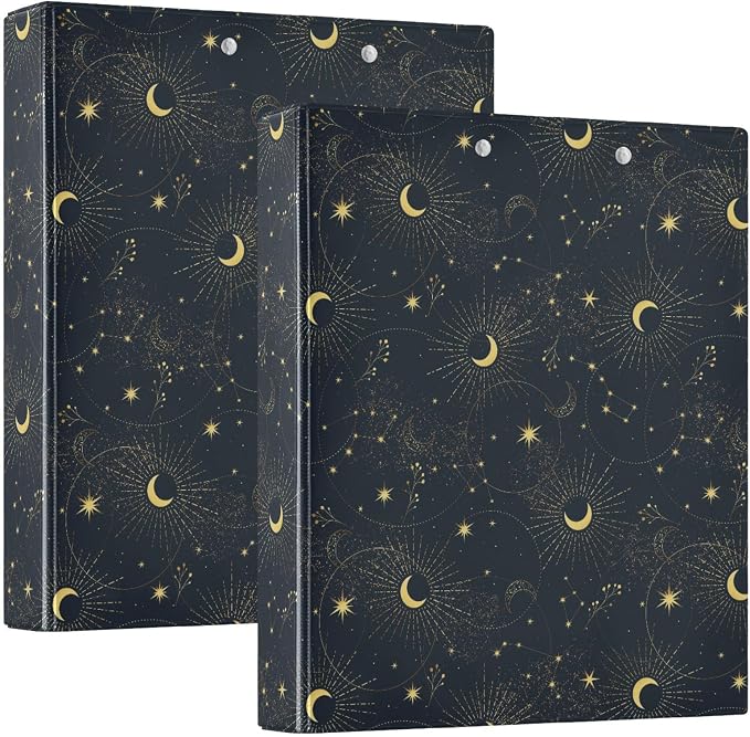 Black and Gold Moon Star Celestial Binder 1.5 Inch Binder with Clipboard&Pockets, Hardcover Binders 3 Ring, Heavy Duty Large File Folder for Office School Supplies - Holds 200 Sheets, 2 Pack