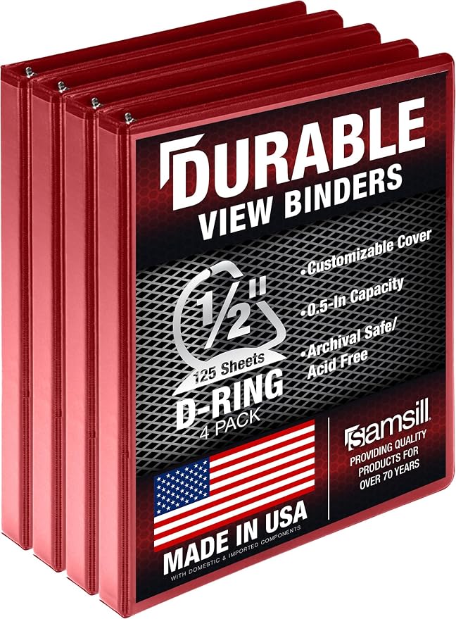 Samsill Durable 0.5 Inch Binder, D Ring Binder, 100% Recycled Chipboard, Red, 4 Pack
