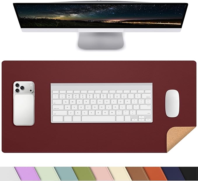 AFIING Leather Desk Pad Protector, 23.6" x 13.7", Red | Dual-Sided Cork & PU Leather, Waterproof, Non-Slip Mouse Pad & Writing Pad for Home, Office, Study & Laptop