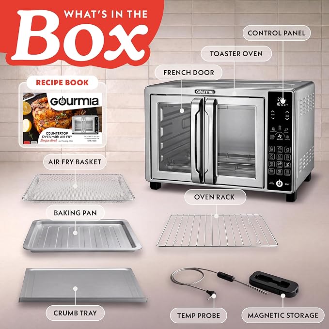 Gourmia French Door Air Fryer Toaster Oven - 6 Slice Capacity, Temperature Probe, 18 Cooking Presets, FryForce, Digital Display, 3 Rack Positions, Dishwasher-Safe Accessories, Stainless Steel