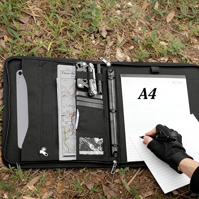 Zippered Padfolio and Tactical Notebook Cover with A4 Letter Paper, Military Multi Storage Handle Bag, Large Binder Planner for Men and Women for Out Work, Travels, Office & School, Black