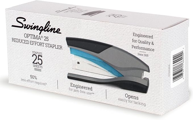 Swingline Stapler, 25 Sheet Capacity, Optima 25, Jam Free, Reduced Effort, Soft Grip, Blue and Gray (66404)