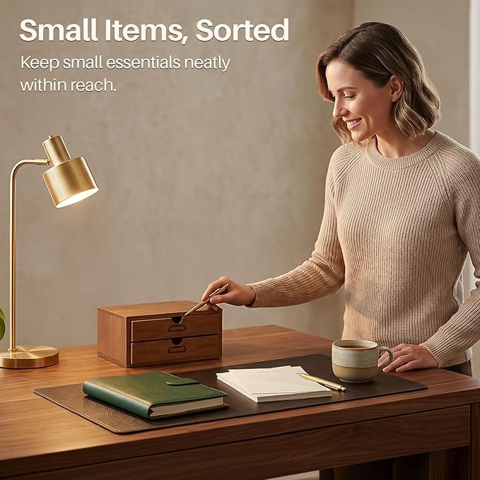 Flexzion Wooden Storage Box with 2 Drawers, Vintage Desktop Organizer | Compact Desk Organizer with Drawers for Office Supplies, Mail, Crafts and Vanity Items; 9.6 X 6.6 X 4.9 In; Fully Assembled