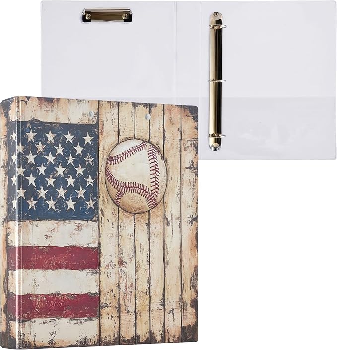 Retro American Flag Baseball Round Ring Binders 1.5 Inch Softball Wooden Background 3 Ring Clipboard Binder for Office School Work Supplies File Folder 200 Sheet Capacity